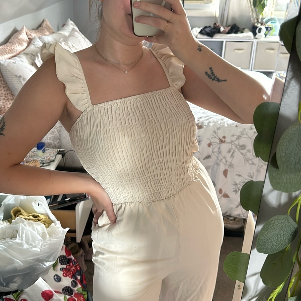 Smocked Bodice Cream Colored Jumpsuit